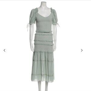 LoveShackFancy Iva Skirt, Polka Dot Green Dot, Smock, Ruffle, Small